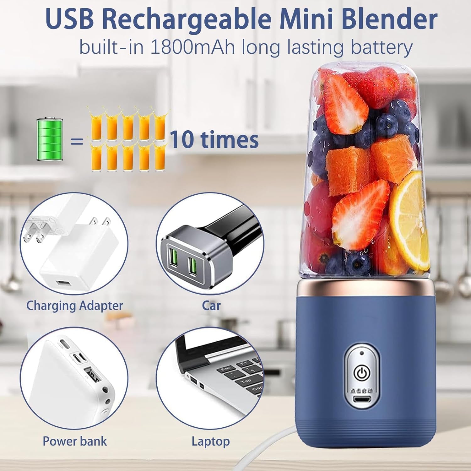 Portable Blender, Personal Blenders for Shakes and Smoothies, 400ML USB Rchargeable Fruit Veggie Juicer Cup with 6 Blades and Travel Lid, Blender for Travel Gym Kitchen