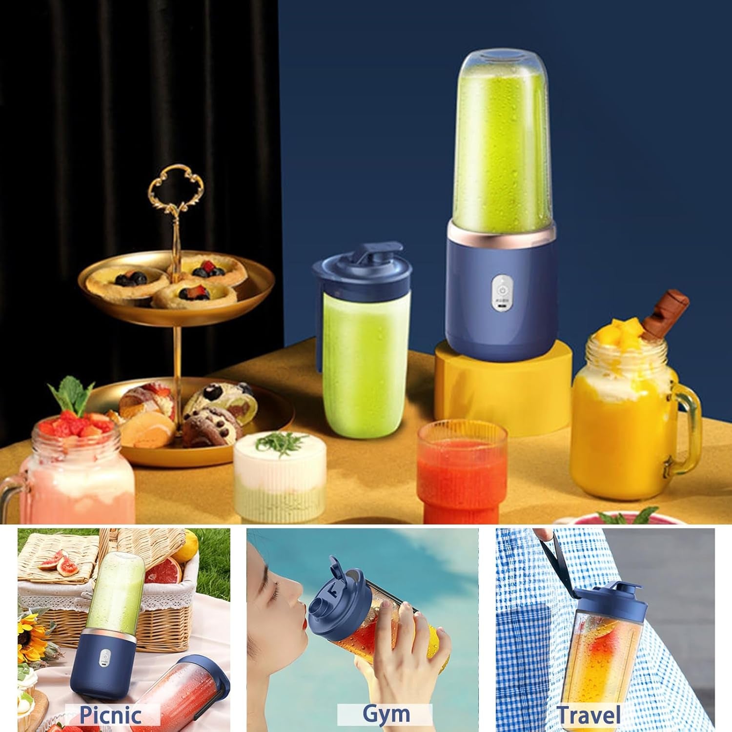Portable Blender, Personal Blenders for Shakes and Smoothies, 400ML USB Rchargeable Fruit Veggie Juicer Cup with 6 Blades and Travel Lid, Blender for Travel Gym Kitchen